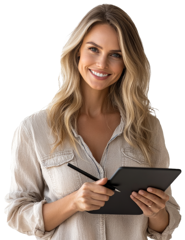 Professional woman using tablet for 360 virtual property tour UK