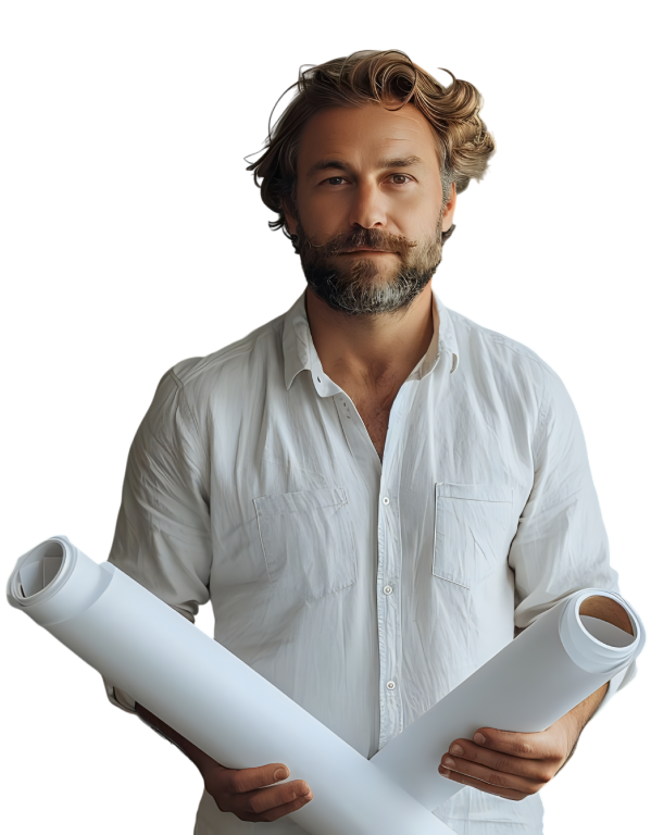 Architect holding building plans on construction site.