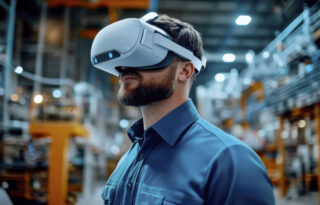 Facility manager exploring property model with VR headset