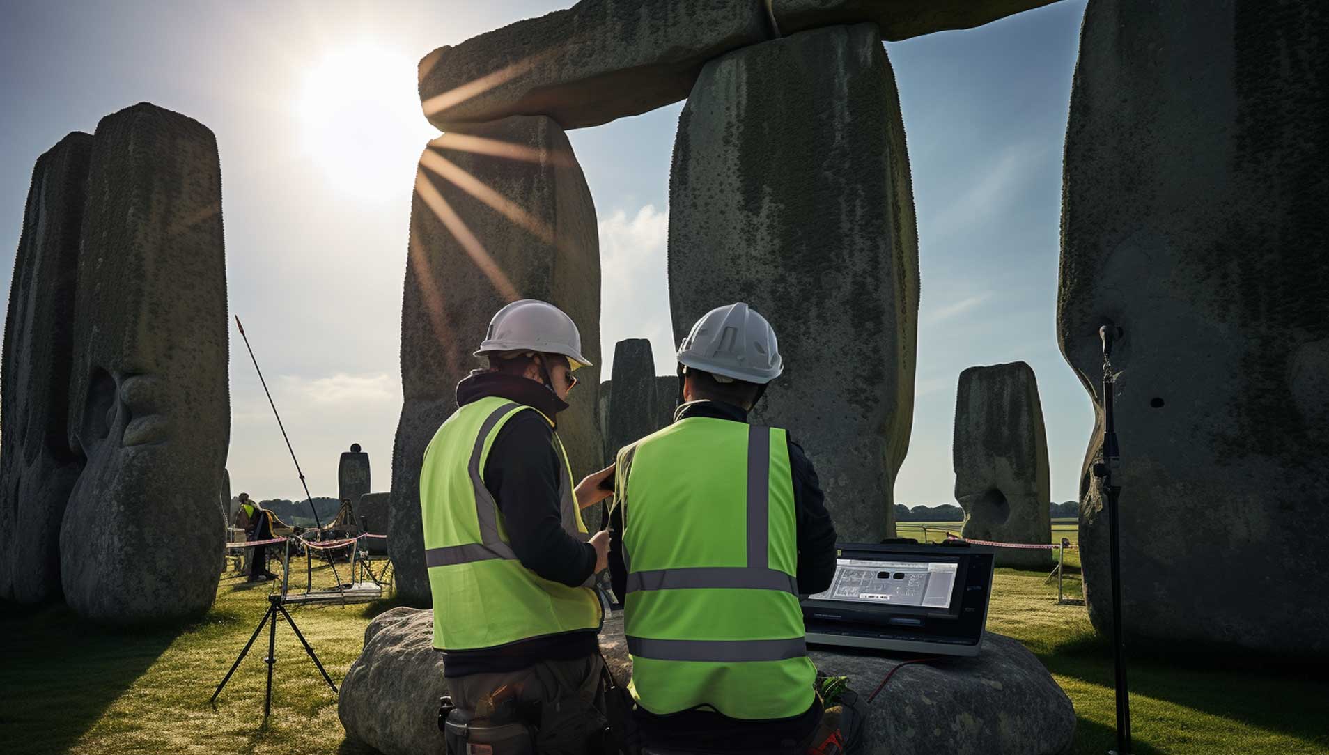 Surveying team with equipment on construction site
