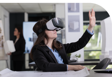 Client exploring immersive walkthrough on VR headset