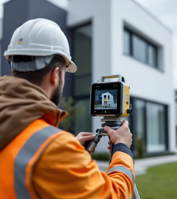 Surveyor scanning construction site Southern UK