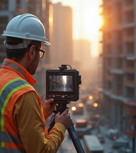 Surveyor scanning construction site Southern England