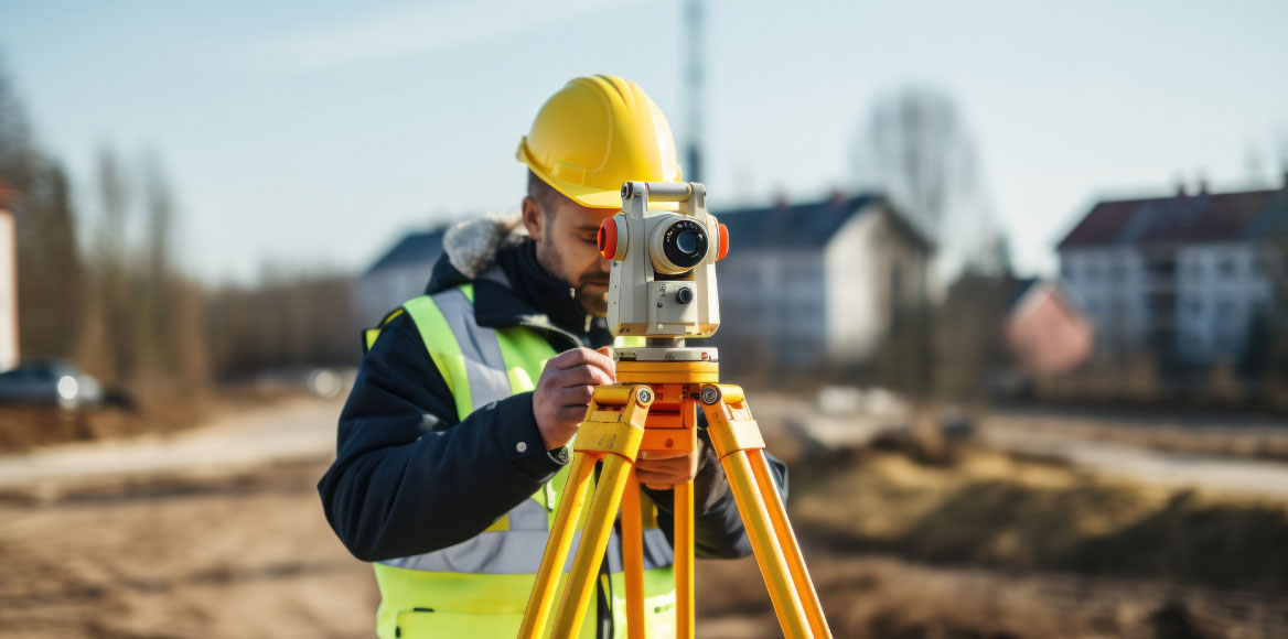 Land surveyor on construction site using a total station for accurate measurements