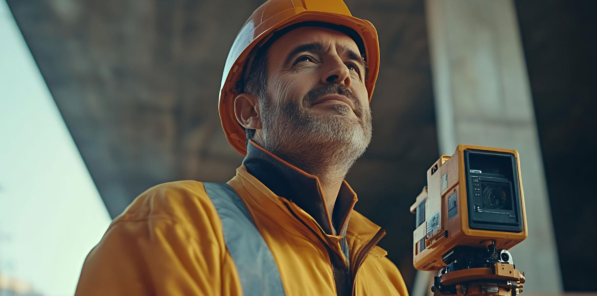 Construction surveyor using laser scanner on a building site in England