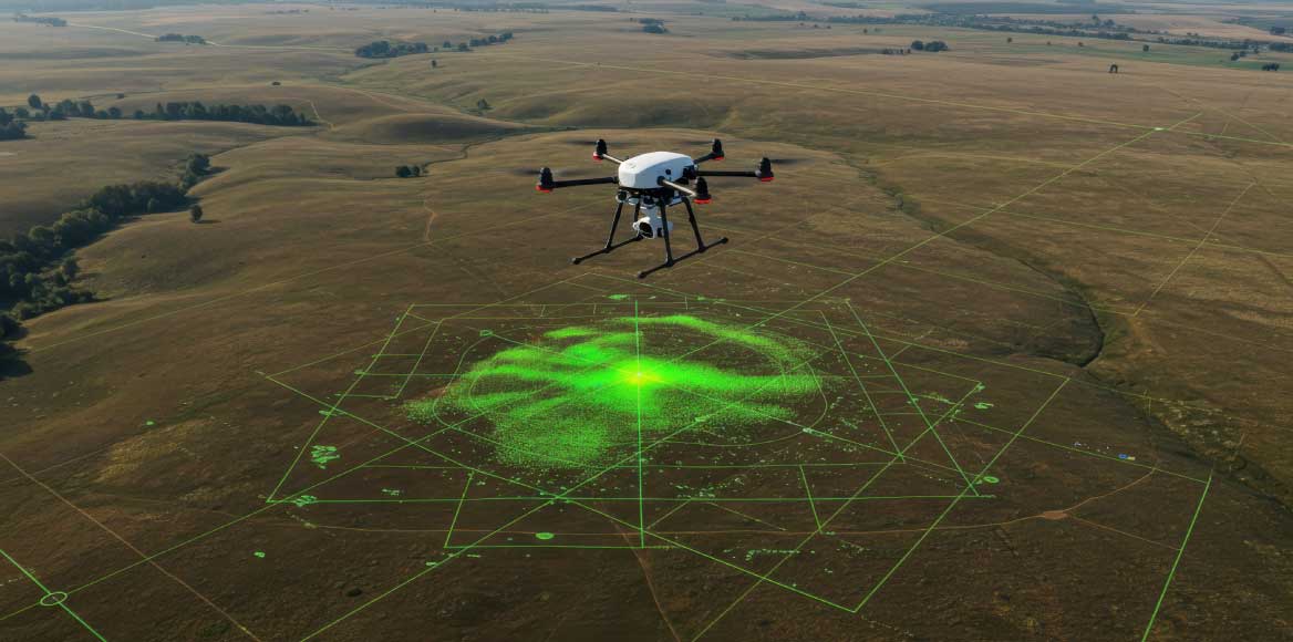 A drone flying over a large open landscape collecting aerial mapping data