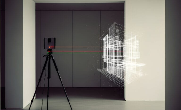 Accurate Surveys Before Visualisation Laser scanner capturing accurate building measurements prior to 3D visualisation and virtual tour creation.