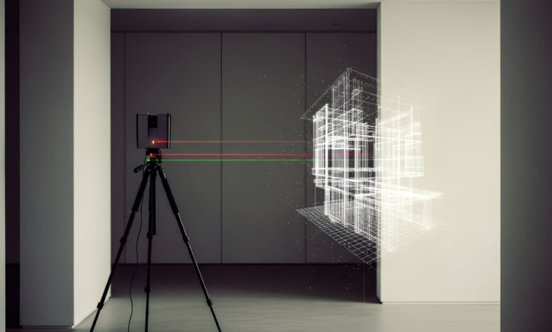 Laser scanner capturing accurate building measurements prior to 3D visualisation and virtual tour creation.