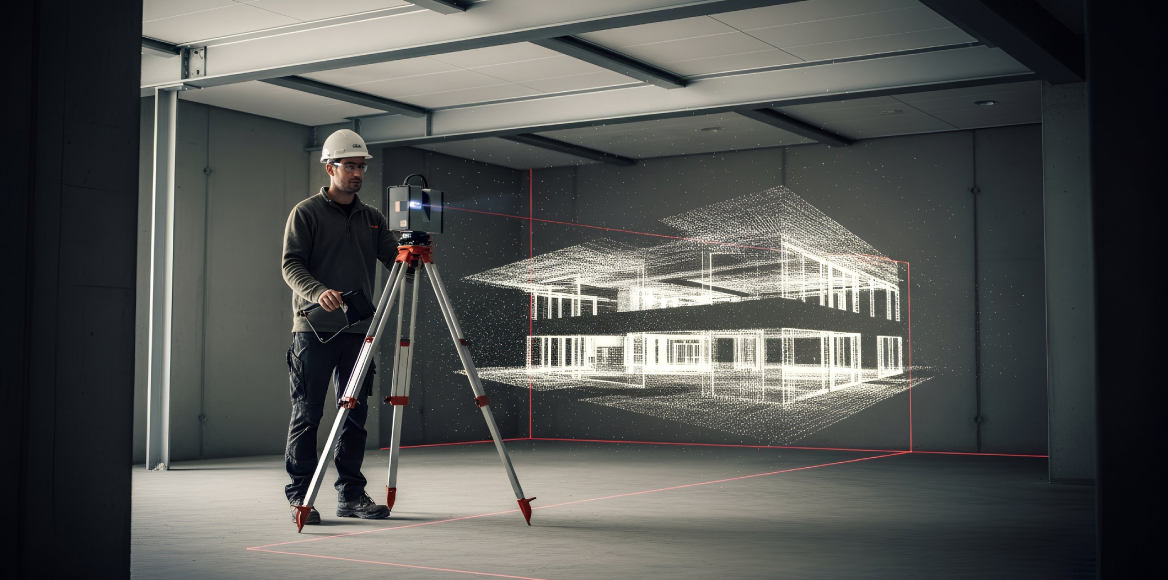 Surveyor using laser scanning equipment to capture accurate building measurements before creating a 3D virtual tour.