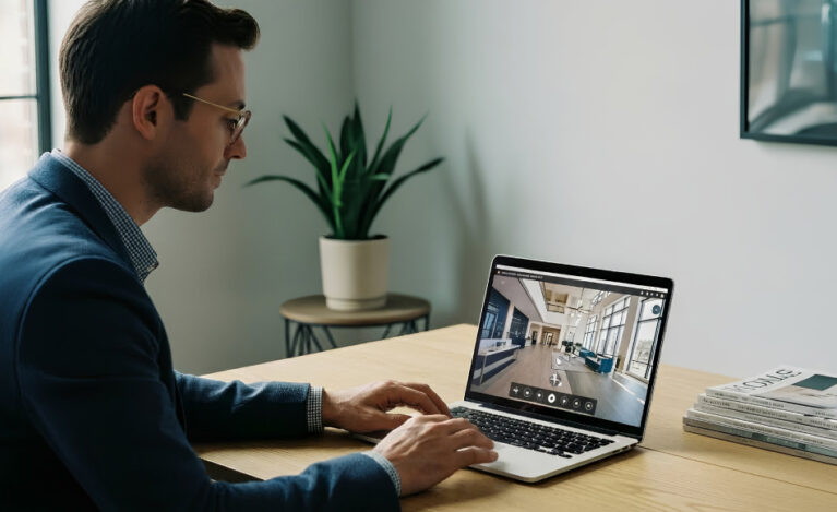360 Virtual Tours Reduce Site Visits Professional reviewing a 360 degree virtual tour on a laptop instead of attending a physical site visit.