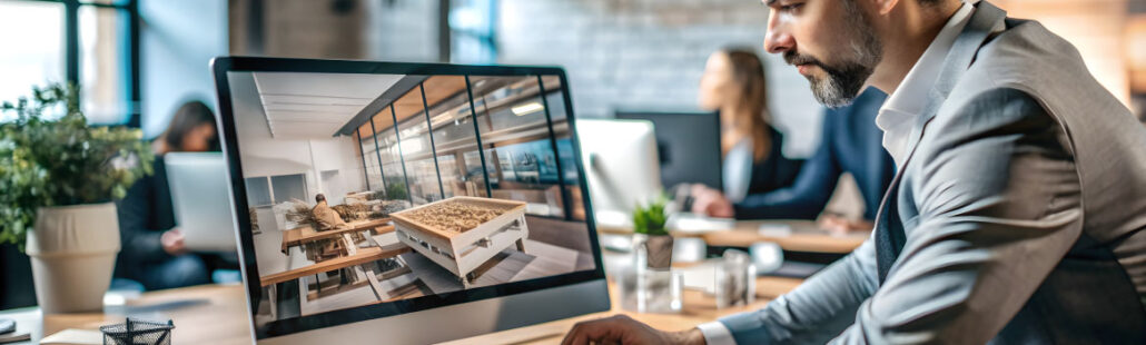 Professional viewing a 360 degree virtual tour of a commercial property on a laptop for marketing purposes.