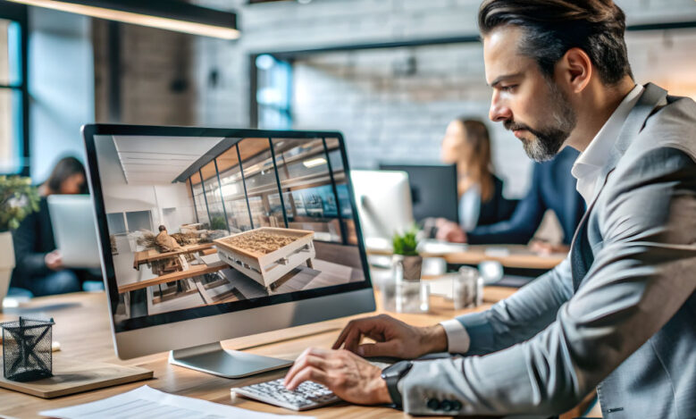 Professional viewing a 360 degree virtual tour of a commercial property on a laptop for marketing purposes.
