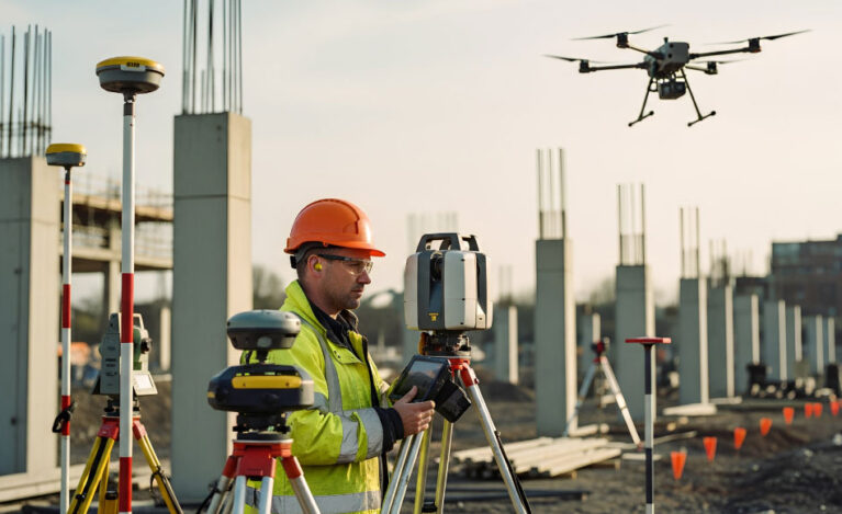 Modern Survey Technology for Construction Laser scanning and drone survey technology capturing accurate site data for modern construction projects.