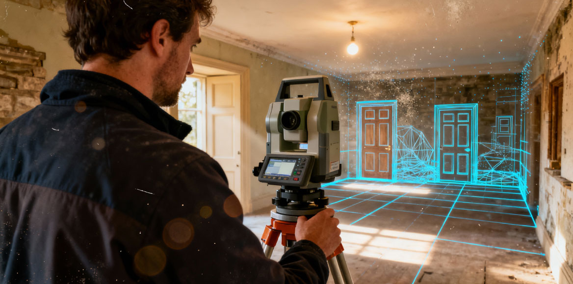 Survey data transitioning into a 3D virtual tour, showing measured building surveys evolving into immersive digital visualisation.